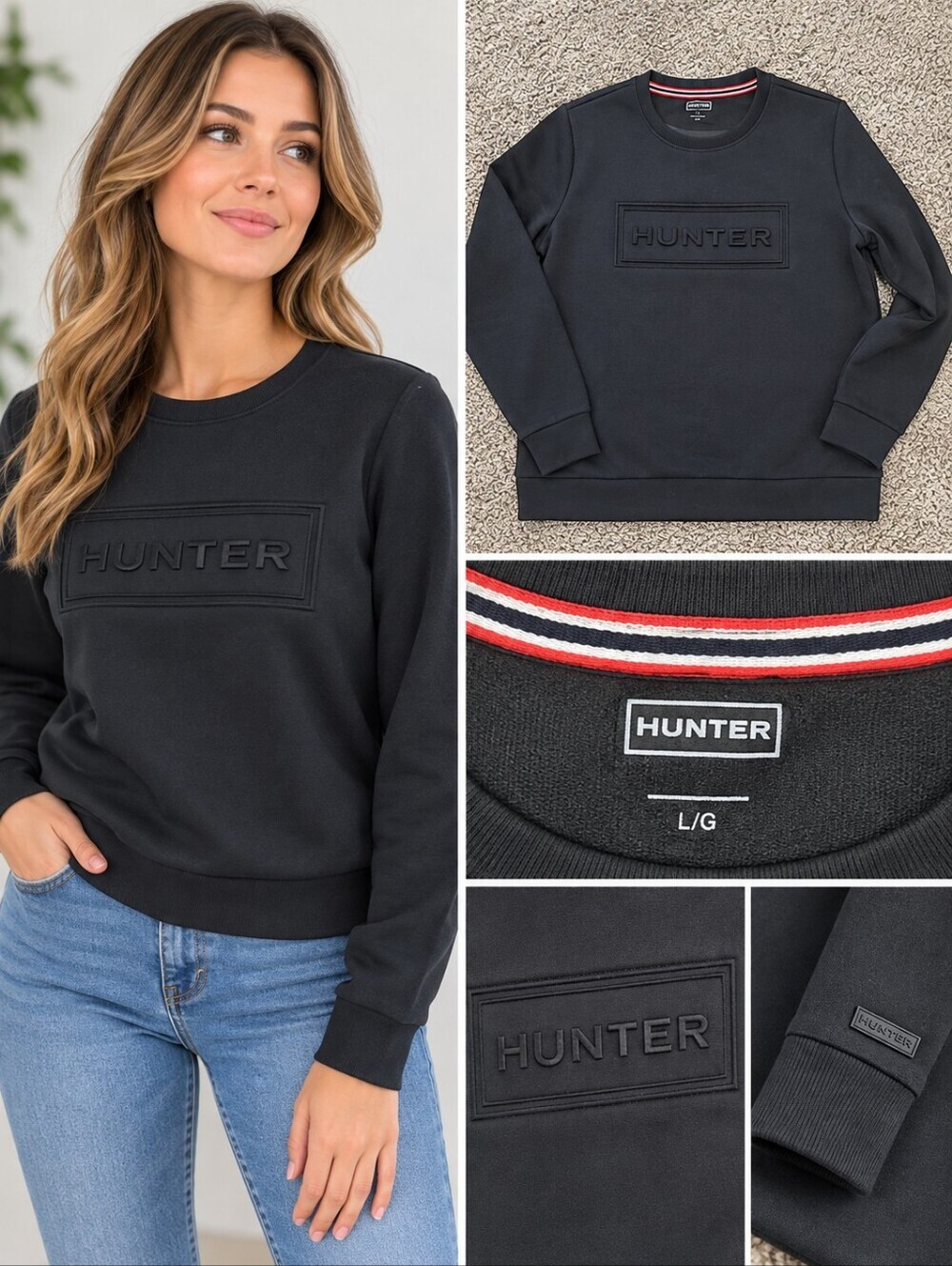 NEW Hunter Black Embossed Logo Crewneck Sweatshirt